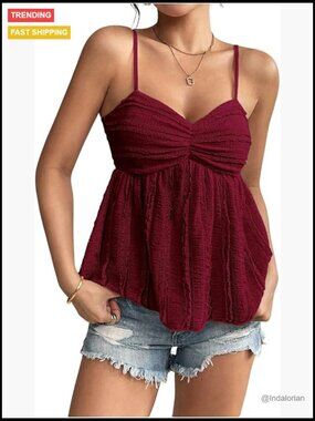 Women's Peplum Babydoll Crop Top Y2k Ruched Dressy Cute Spaghetti Strap Cami Top